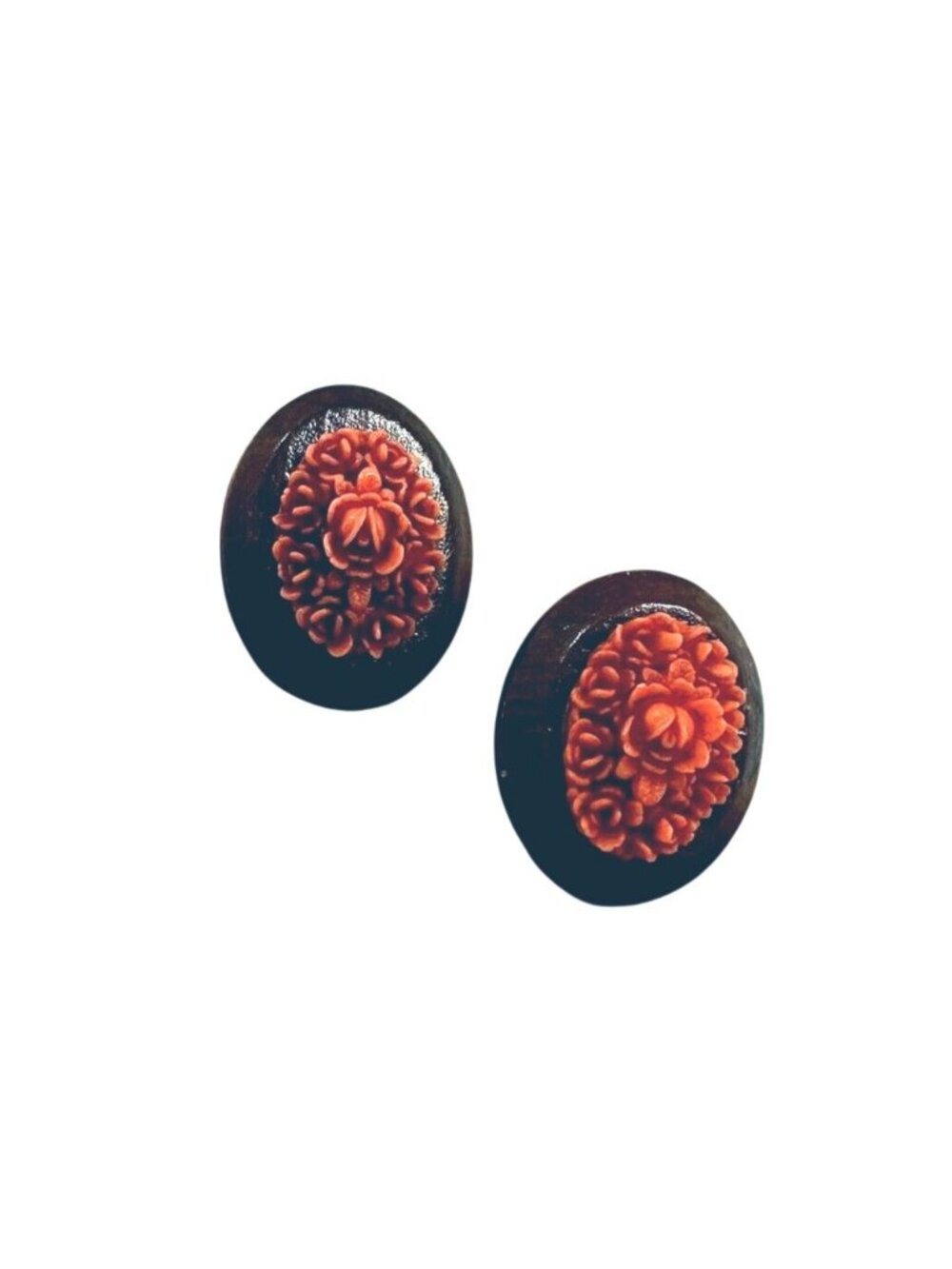 Vtg Womens Clip On Wood Earrings Carved Flower Cabochon Clip On Earring Boho